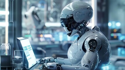 Fototapeta premium Futuristic robot in a high-tech laboratory, digital sci-fi concept art
