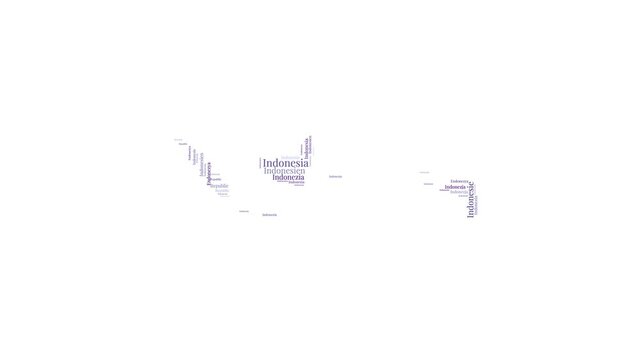 Indonesia shape word cloud animation. Country boundary filled with country names animated. Indonesia presentation video.
