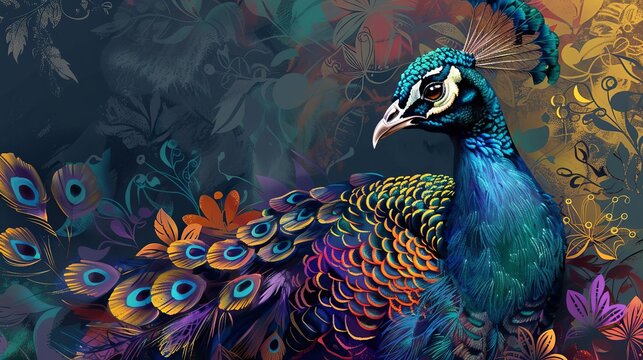 Majestic Peacock Displaying Vibrant Feathers, Intricate Patterns and Rich Colors, Realistic Wildlife Illustration, Digital Painting