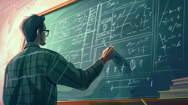 Mathematician solving complex equations on chalkboard, 2D digital illustration