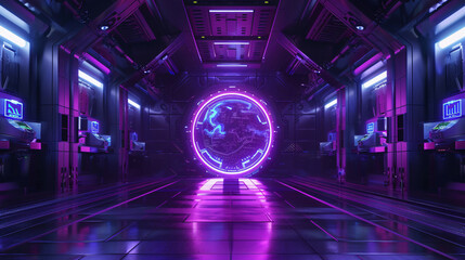 3D rendering of sci-fi stretch background with geometric tunnel and neon lines, 3d rendering concept illustration