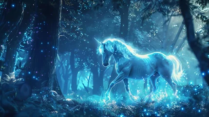 Crédence de cuisine en verre imprimé Forêt des fées Mystical Unicorn Galloping Through Enchanted Forest, Glowing Fantasy Digital Painting