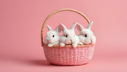 Basket full of fluffy bunnies on a pink background. Easter day