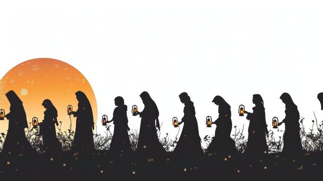 Parable of Ten Virgins Waiting with Lamps Silhouette Illustration