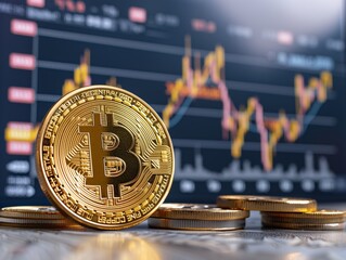 Bitcoin cryptocurrency coins symbolizing modern digital investment trends against a financial graph.
