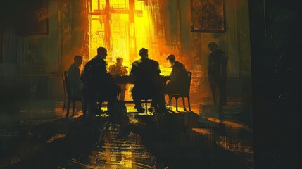 Shadowy mafia meeting in dimly lit vintage room, underworld crime scene digital painting - obrazy, fototapety, plakaty