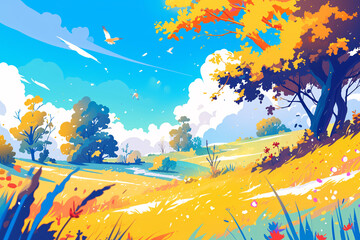 Beautiful spring outdoor landscape cartoon illustration, Beginning of Spring concept illustration background