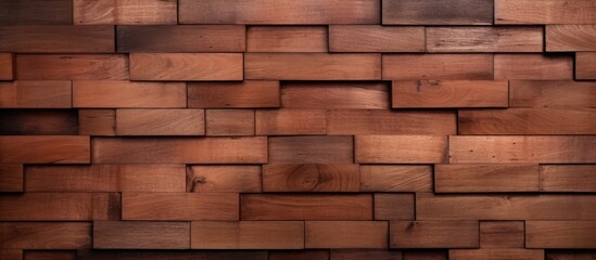 Obraz premium A closeup of a brown rectangular wooden wall made of wooden blocks resembling brickwork. The building material is hardwood with a unique pattern and wood stain