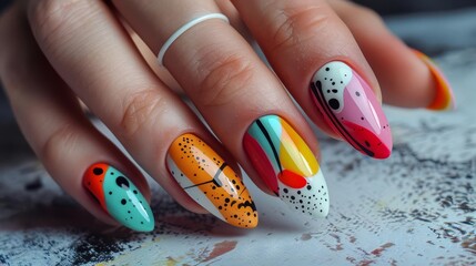 Trendy and Creative Artificial Nail Designs with Vibrant Colors and Unique Patterns, Fashion Illustration