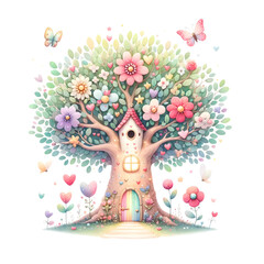 tree house with flowers and birds