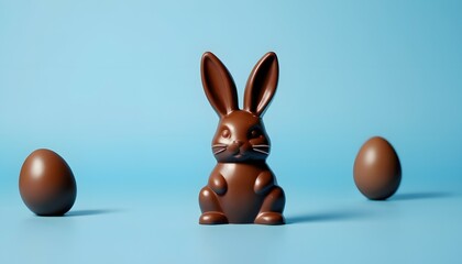 Fototapeta na wymiar Blue easter background with a chocolate easter bunny