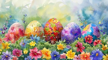 Vibrant Easter eggs nestle amidst a bed of colorful spring flowers, a joyful celebration of renewal and life, watercolor painting