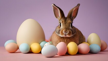 Fototapeta na wymiar Brown rabbit among several decorated easter eggs