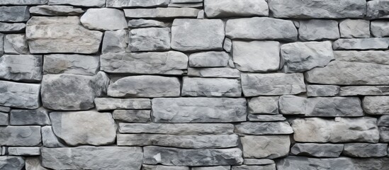 Fototapeta premium A detailed closeup of a stone wall constructed with grey bricks, showcasing a beautiful monochrome pattern of rectangular flagstones and brickwork building material