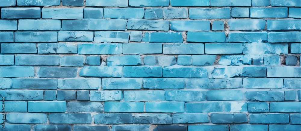 Poster a closeup of a brick wall in shades of electric blue and aqua, forming a symmetrical pattern of rect