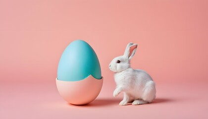 Cute rabbit with a colored easter egg on a pastel pink background