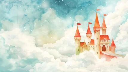 Fototapeta na wymiar Whimsical Fairy Tale Castle Floating on Clouds, Watercolor Children's Book Illustration
