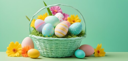 Easter basket full of easter eggs among spring flowers on a green background