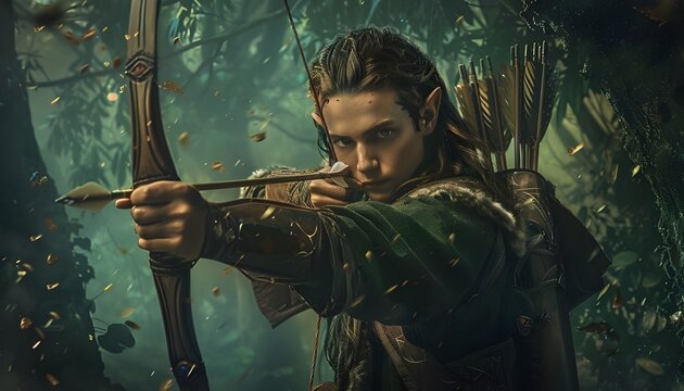 male elf with a bow and arrows in a magical forest