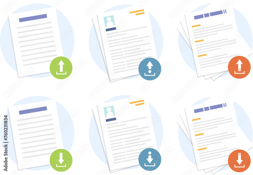 Poster document file download and upload with different style icon, uploading office file flat icon, downlo