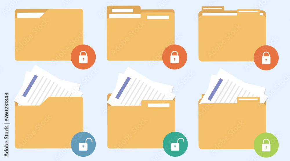 Poster document file lock and unlock icon, folder file unlock with paper moving out, file folder lock conce