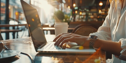 close shot of a person hand typing on a laptop in a café or home office 