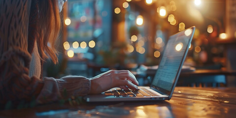 close shot of a person hand typing on a laptop in a café or home office 