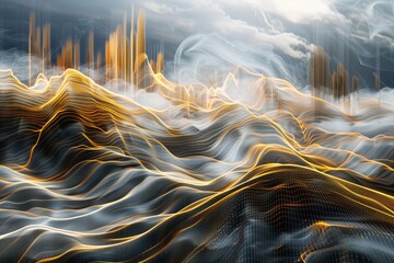 Urban landscape made of shiny gold tech lines on dark background. Stylish banner template with copy space for tech startups, digital agencies, smart solutions. Can be used as trendy wallpaper or poste - obrazy, fototapety, plakaty