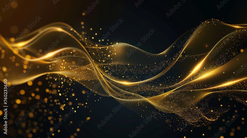 Poster abstract shiny color gold wave design element with glitter effect on dark background.