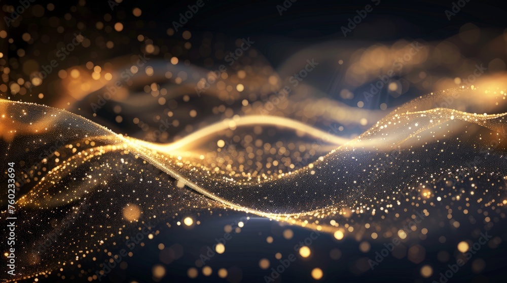 Poster abstract shiny color gold wave design element with glitter effect on dark background.