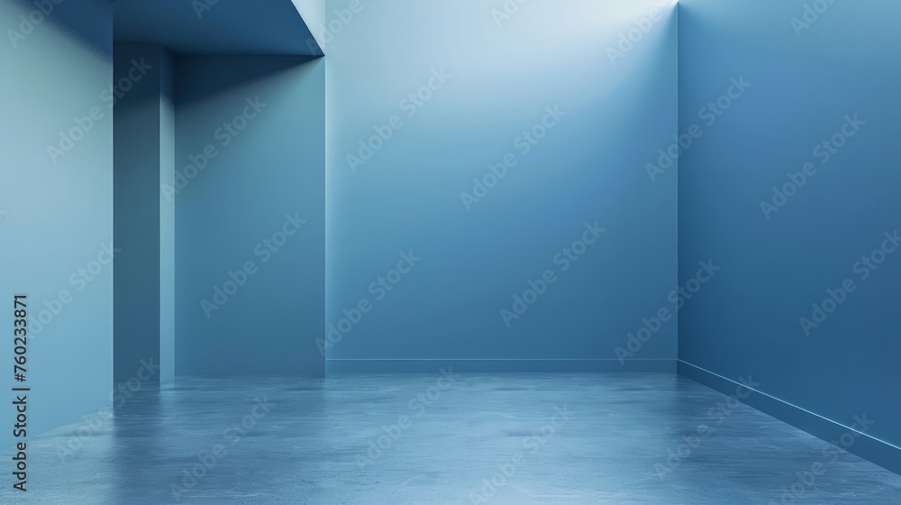 Poster blue empty studio room for product placement or as a design template with wall angle in a full frame