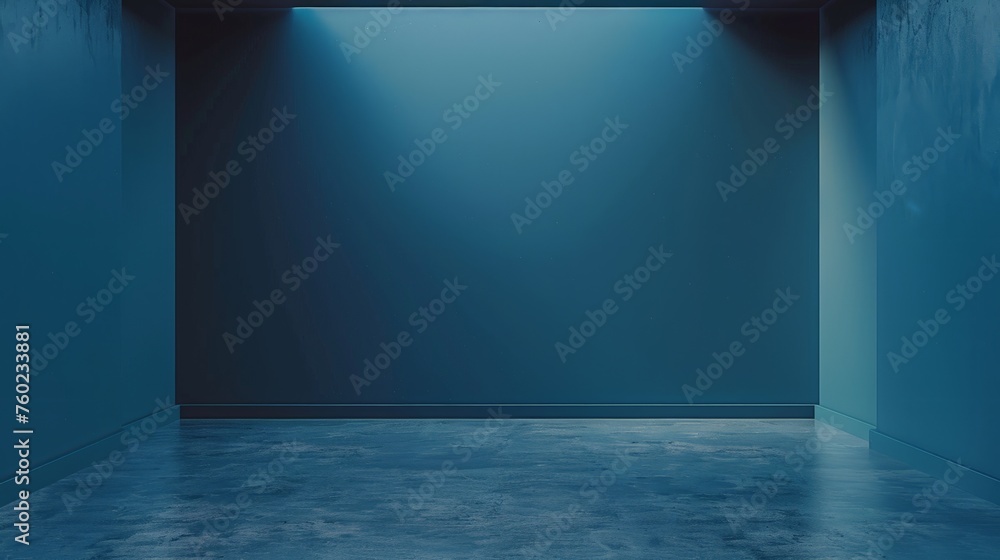 Poster blue empty studio room for product placement or as a design template with wall angle in a full frame