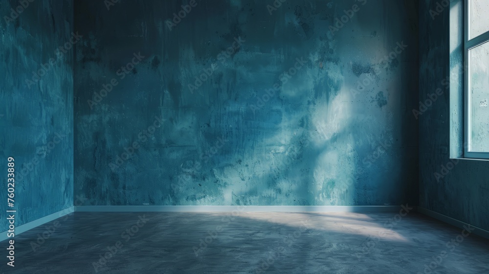 Poster blue empty studio room for product placement or as a design template with wall angle in a full frame
