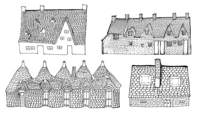 Traditional European Countryside Dwellings. Hand drawn sketch vector illustration.