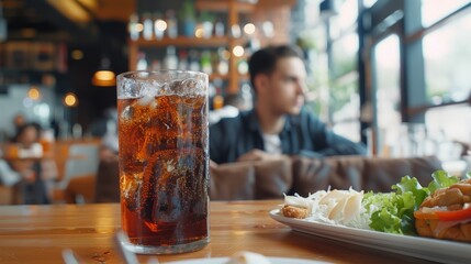 Double cool ice soft drink cola carbonated liquid fresh food with soda water, white dish on wooden table with handsome man sitting brown sofa in pizzeria restaurant. - obrazy, fototapety, plakaty