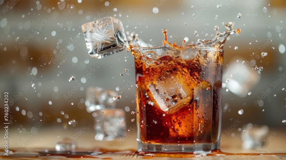 Poster ice cube droped in cola glass and cola splashing