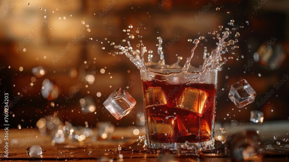 Poster ice cube droped in cola glass and cola splashing