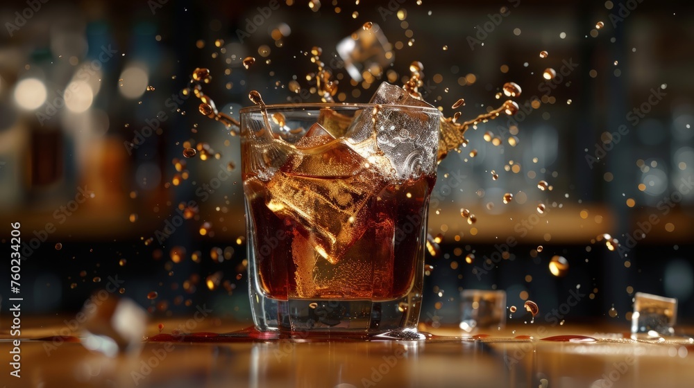 Poster ice cube droped in cola glass and cola splashing
