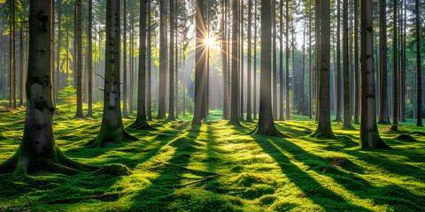 Floresta exuberante com luz solar filtrando pelos galhos - obrazy, fototapety, plakaty