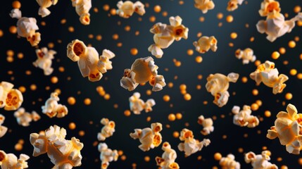 Popcorn seamless border. Realistic flying salted corn flakes background, cinema snacks frame - obrazy, fototapety, plakaty