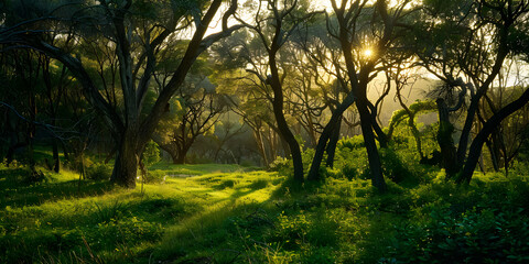 Floresta exuberante com luz solar filtrando pelos galhos