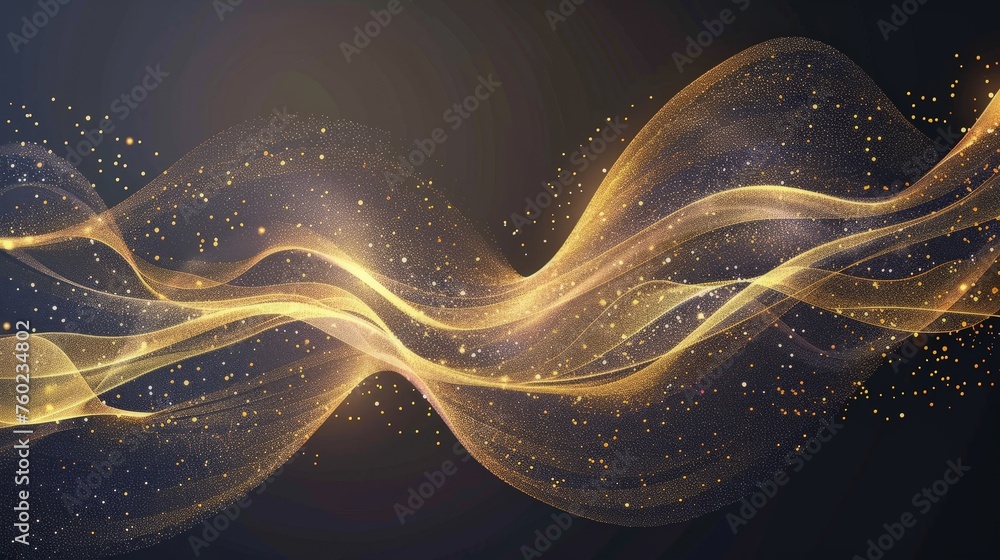 Poster abstract shiny color gold wave design element with glitter effect on dark background.