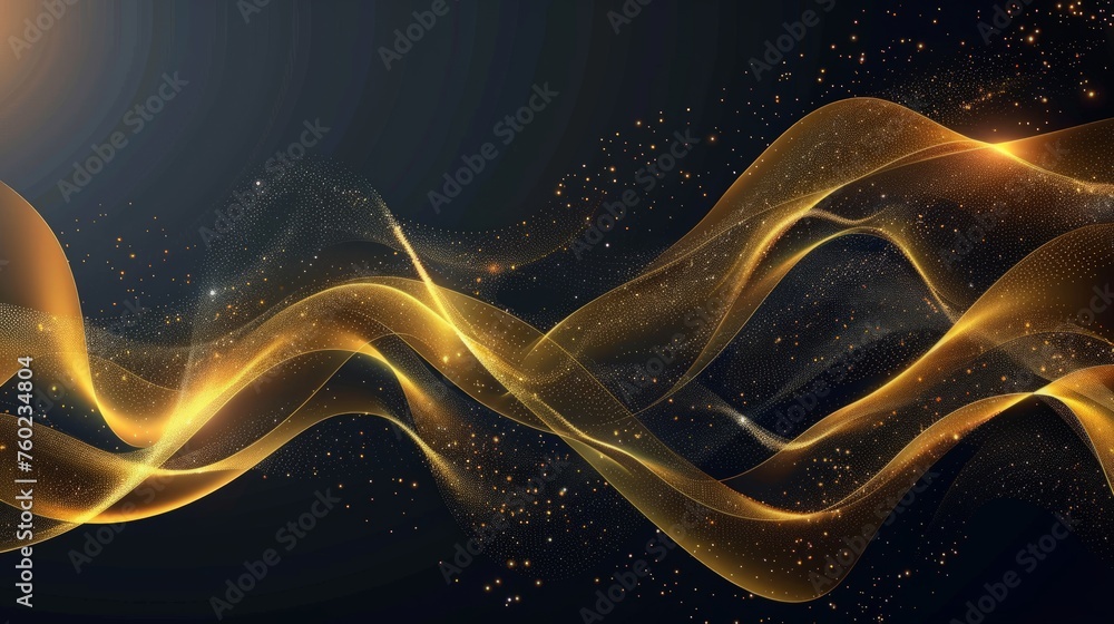 Poster abstract shiny color gold wave design element with glitter effect on dark background.