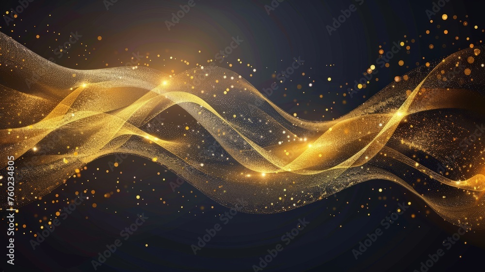 Poster abstract shiny color gold wave design element with glitter effect on dark background.
