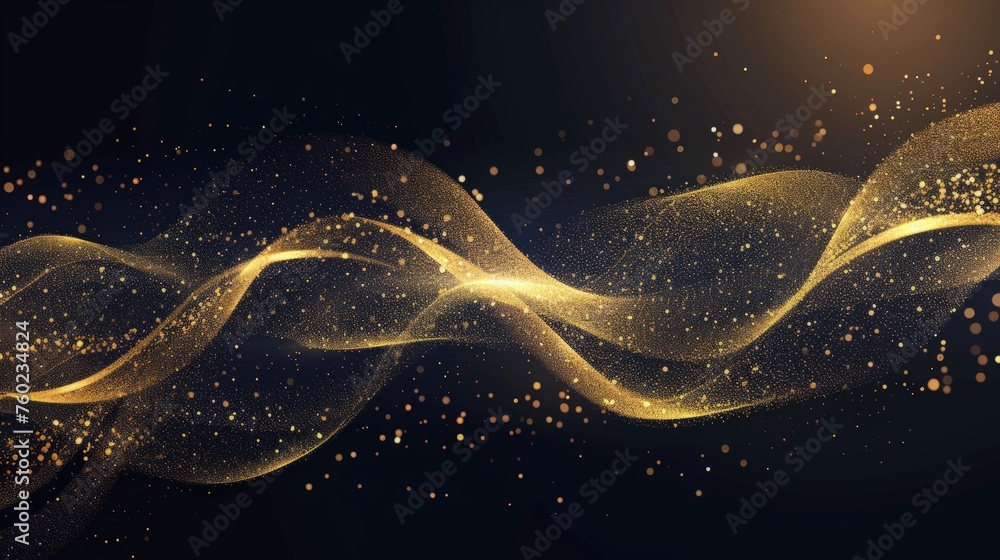 Poster abstract shiny color gold wave design element with glitter effect on dark background.