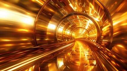 Abstract golden tunnel with dynamic motion blur, futuristic technology concept.
