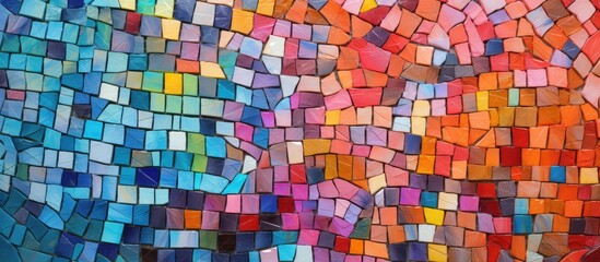 A closeup of a vibrant textile mosaic painting on a wall, featuring a colorful pattern of rectangles in shades of magenta and electric blue made of glass tiles