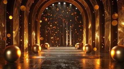 Elegant corridor with golden arches, glowing orbs, and floating sparkles, conveying a magical or festive atmosphere.