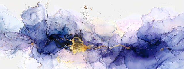 Abstract Blue and Gold Painting, fluid shapes and flowing lines in fluid forms against a white background in the watercolor style， with a dreamy color palette of indigo blues and purples