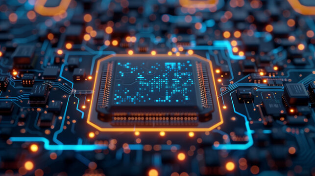 Close-up CPU, microchip processor on a circuit board, symbolizing the technological ,futuristic ai intelligent network engineering core data circuit, blue and orange neon lights